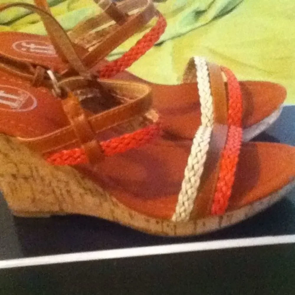 Ladies Tan Multicolor Braided Strap Wedges 8.5